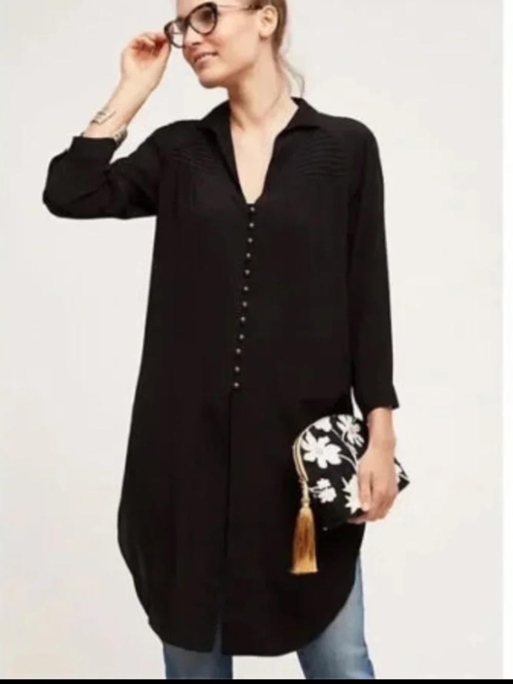 Maeve Anthropologie black ceycan button up v neck tunic Shirt  - size XS